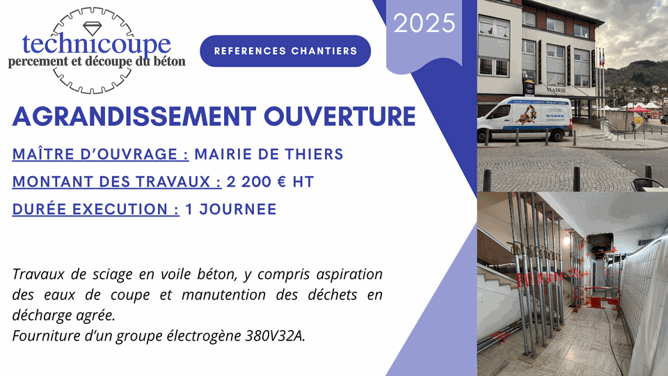 Sciage en voile béton - Chantier Mairie de Thiers