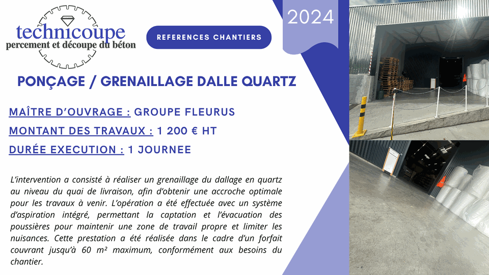 Ponçage et grenaillage d'une dalle quartz - Groupe Fleurus